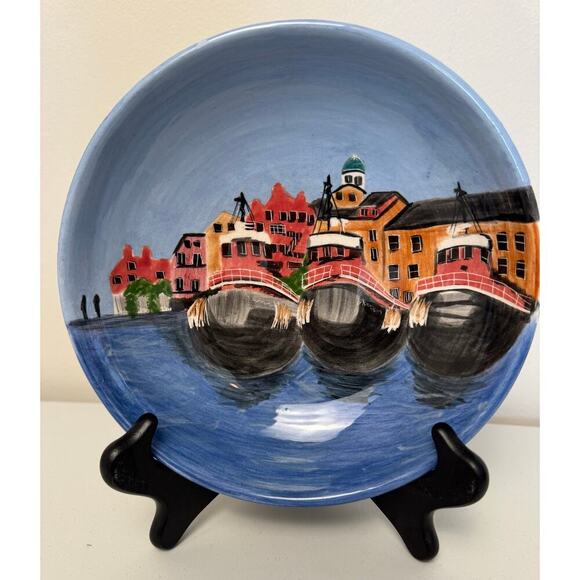 Roseanne Henning Hand Painted Pottery 8” Bowl Tug Boats Portsmouth NH Signed - Picture 1 of 8
